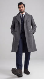 Gray Wool Double-Breasted Overcoat | Long Tailored Coat with Tie | Mark One Suiting