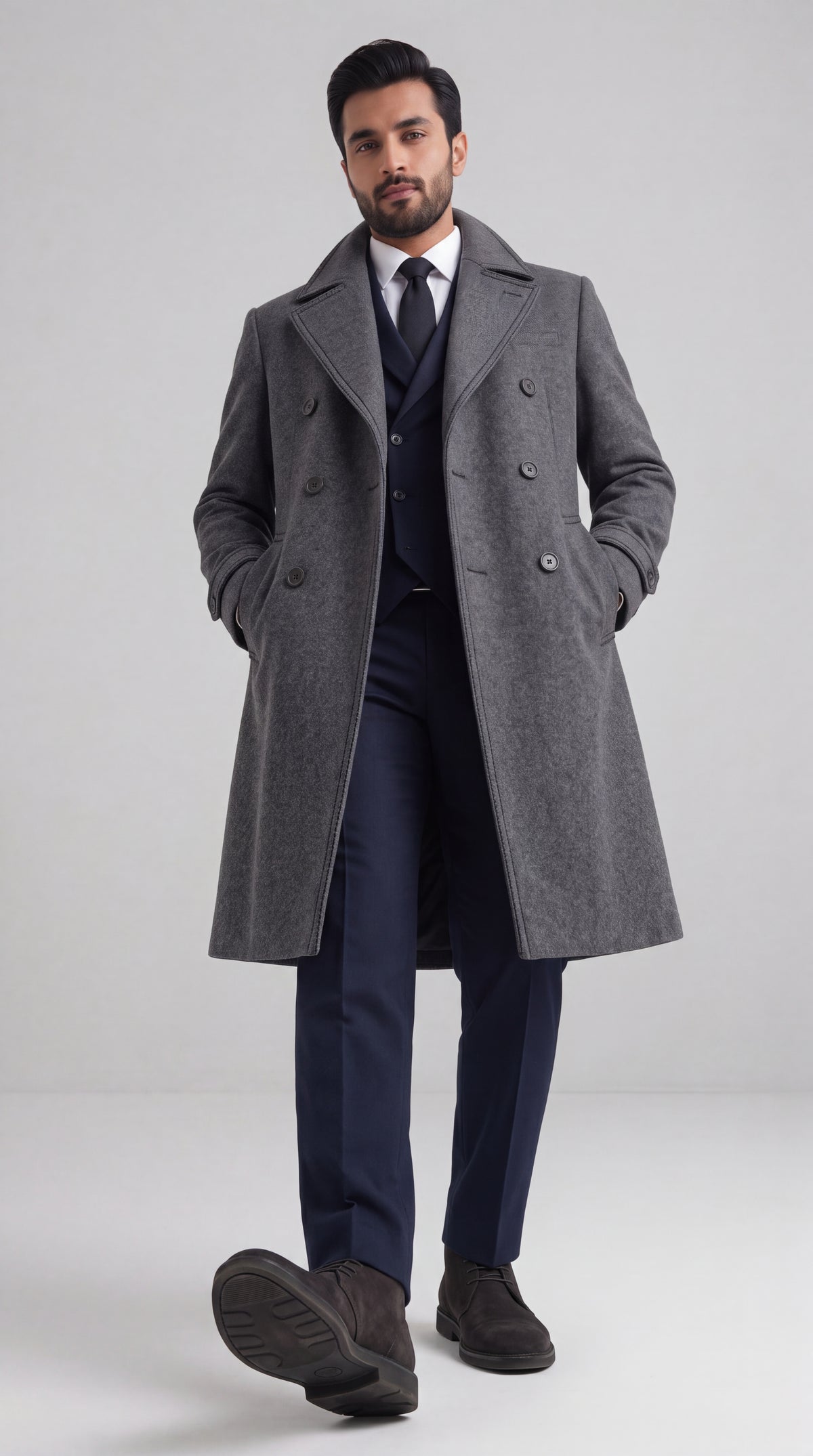 Gray Wool Double-Breasted Overcoat | Long Tailored Coat with Tie | Mark One Suiting