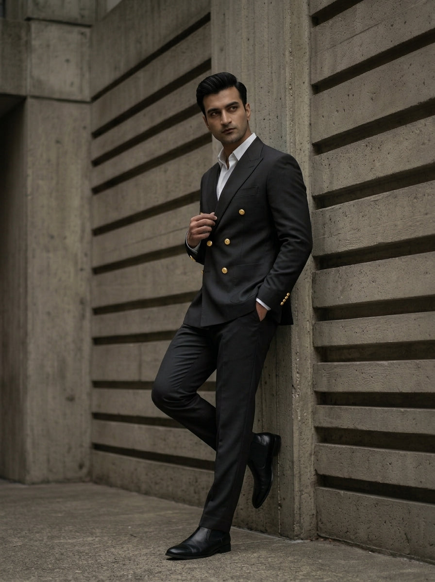 Black Double-Breasted suit | Modern Tailored Jacket  and pants with Gold Buttons | Mark One Suiting