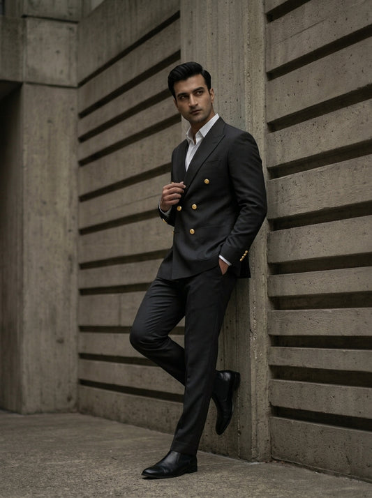 Black Double-Breasted suit | Modern Tailored Jacket  and pants with Gold Buttons | Mark One Suiting