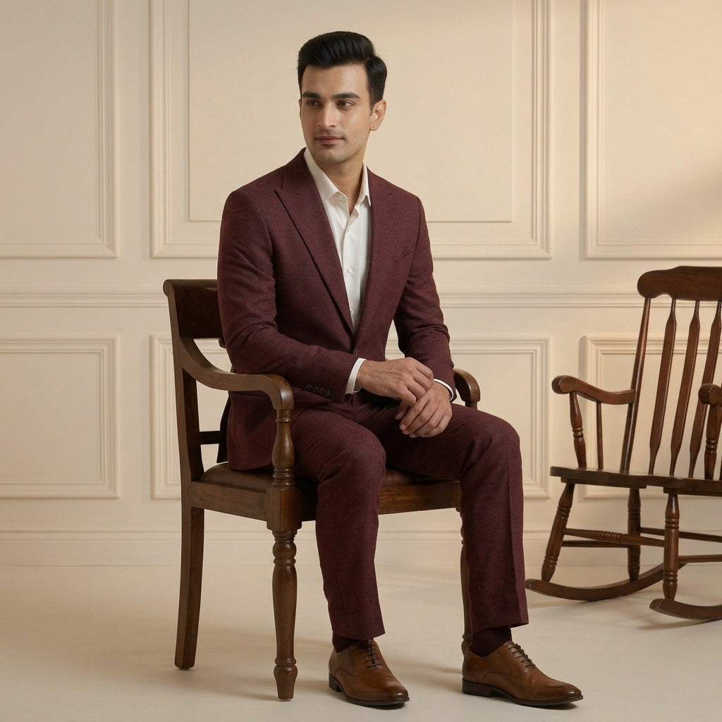 Burgundy Suit | Single-Breasted Blazer & Trousers with White Shirt | Mark One Suiting