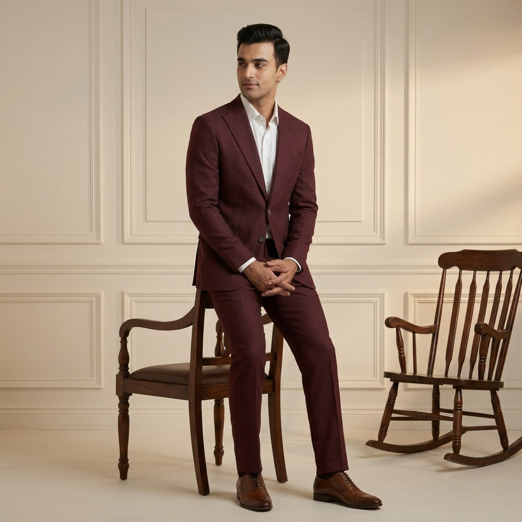 Burgundy Suit | Single-Breasted Blazer & Trousers with White Shirt | Mark One Suiting