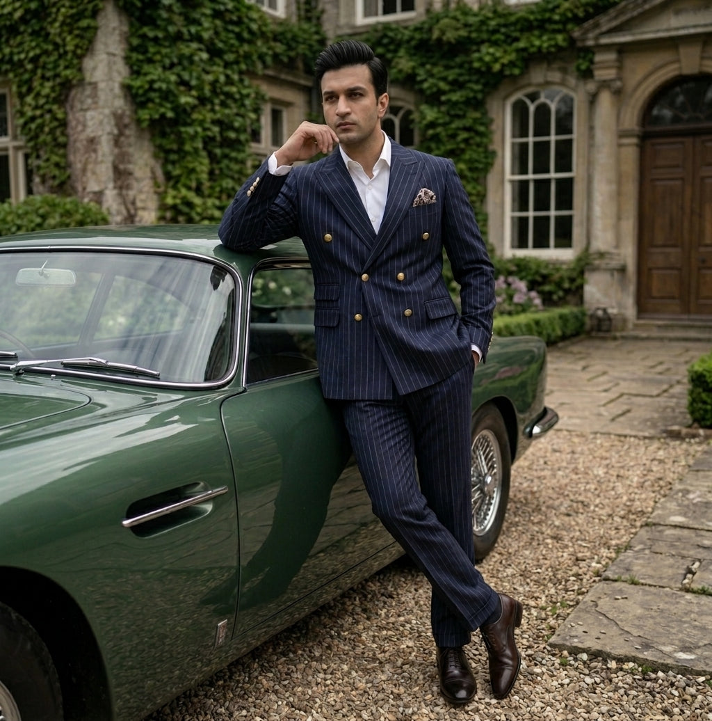 Navy Pinstripe Double-Breasted suit | Vintage-Inspired with Gold Buttons | Mark One