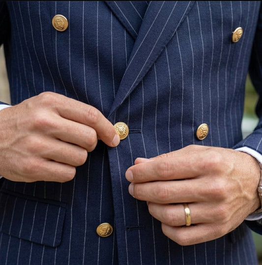 Navy Pinstripe Double-Breasted suit | Vintage-Inspired with Gold Buttons | Mark One