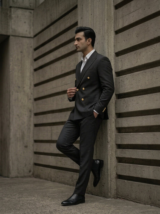 Black Double-Breasted suit | Modern Tailored Jacket  and pants with Gold Buttons | Mark One Suiting
