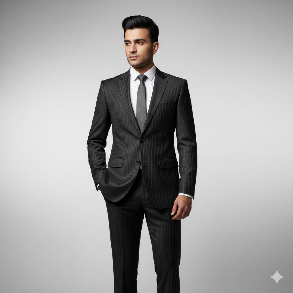 Mark one black pinstripe suit