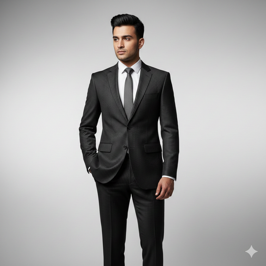 Mark one black pinstripe suit