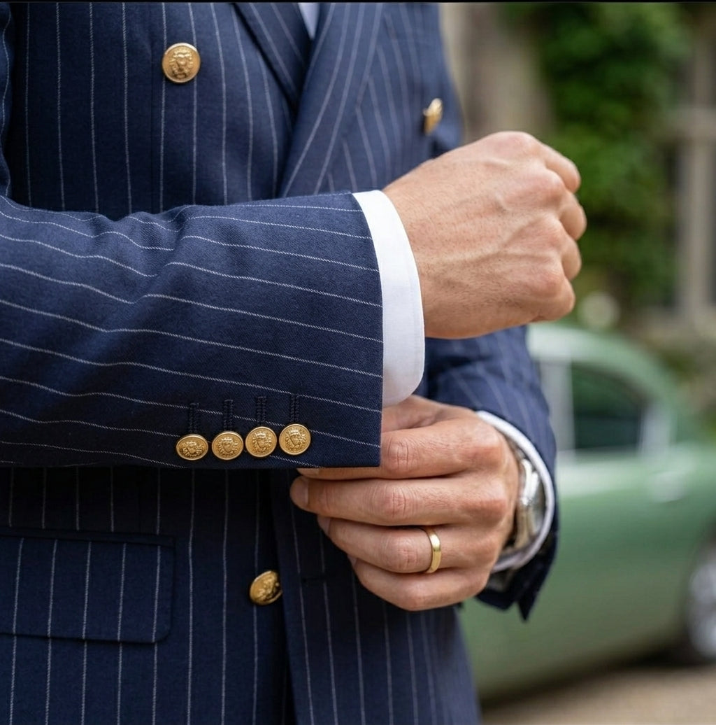 Navy Pinstripe Double-Breasted suit | Vintage-Inspired with Gold Buttons | Mark One
