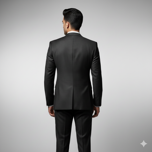 Mark one black pinstripe suit