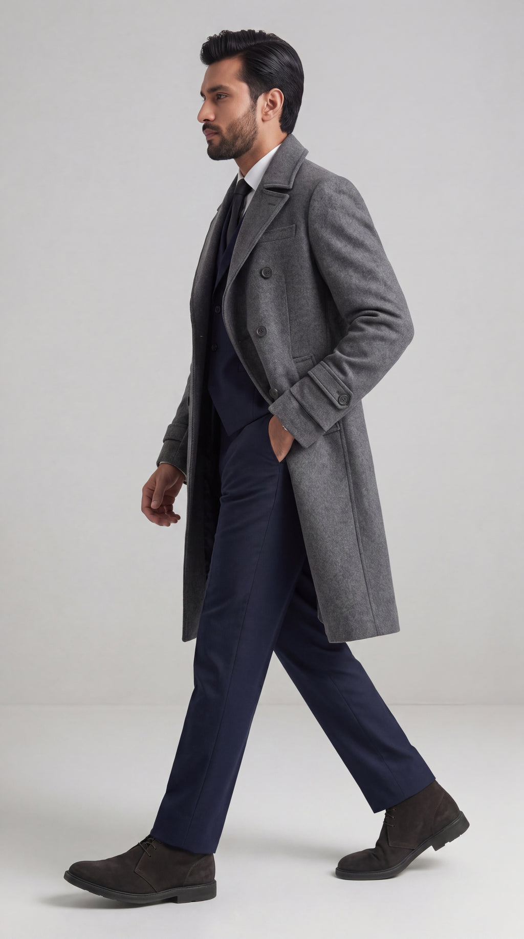 Gray Wool Double-Breasted Overcoat | Long Tailored Coat with Tie | Mark One Suiting