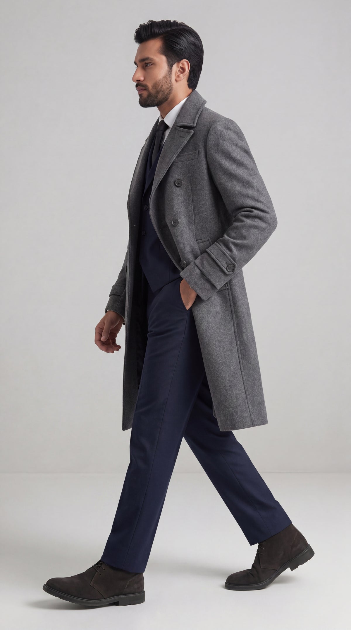 Gray Wool Double-Breasted Overcoat | Long Tailored Coat with Tie | Mark One Suiting