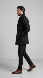 Black Double-Breasted Wool Overcoat/ Peacoat | Long Tailored Coat | Mark One Suiting