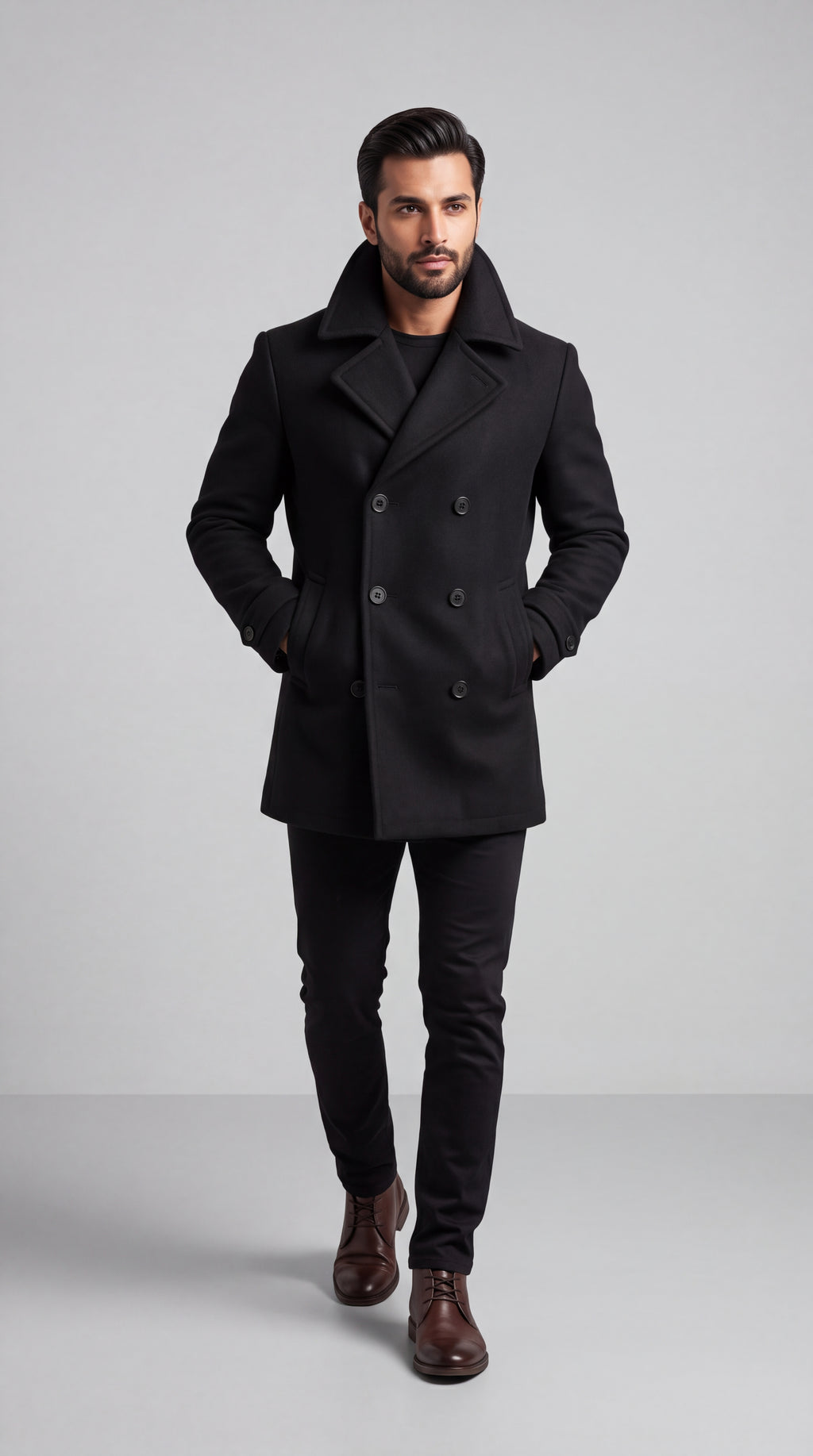 Black Double-Breasted Wool Overcoat/ Peacoat | Long Tailored Coat | Mark One Suiting