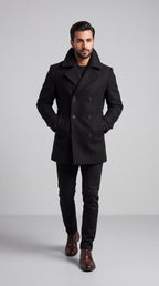Black Double-Breasted Wool Overcoat/ Peacoat | Long Tailored Coat | Mark One Suiting