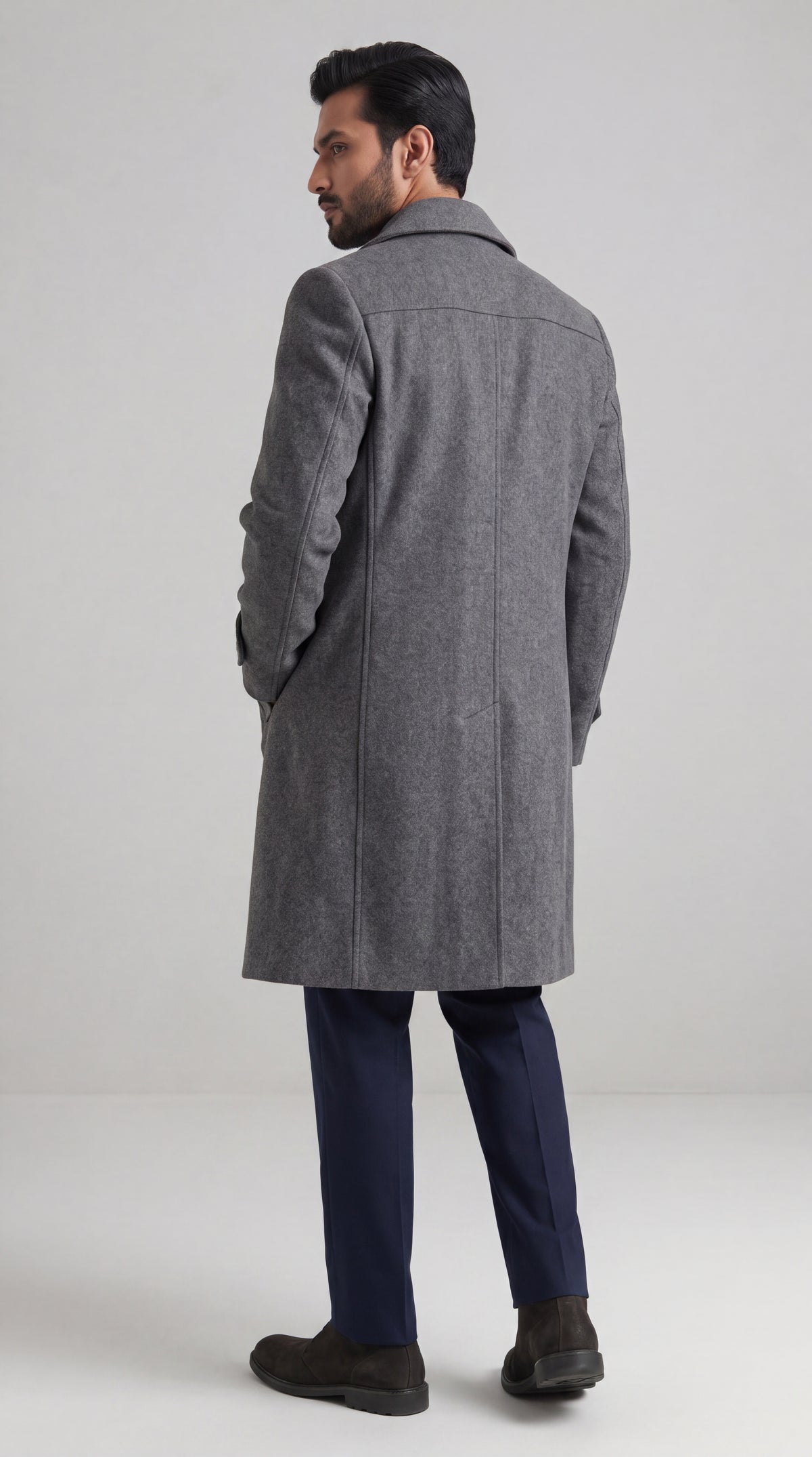 Gray Wool Double-Breasted Overcoat | Long Tailored Coat with Tie | Mark One Suiting