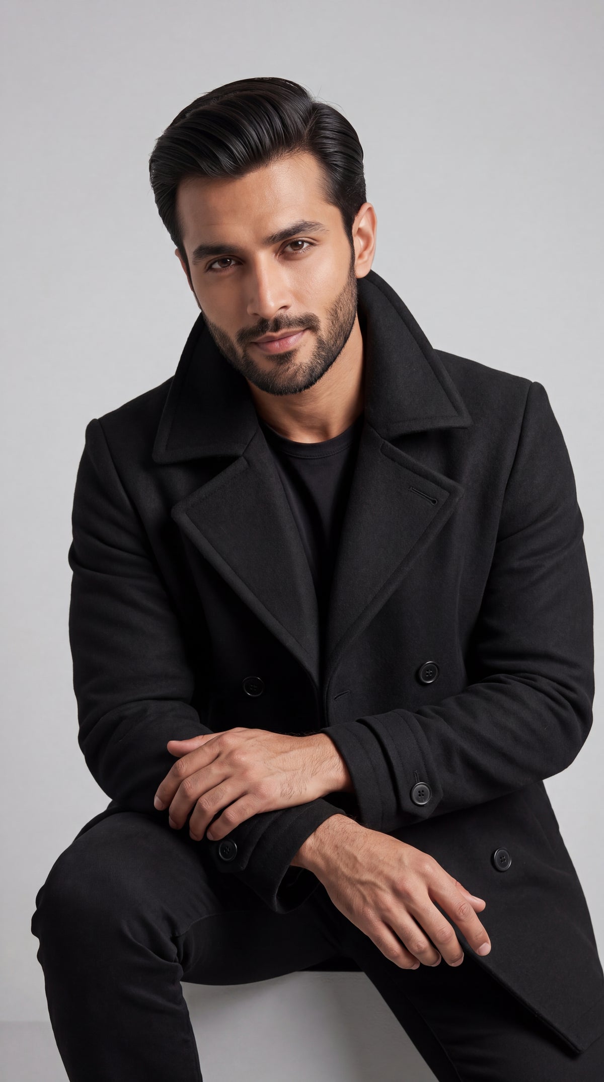 Black Double-Breasted Wool Overcoat/ Peacoat | Long Tailored Coat | Mark One Suiting