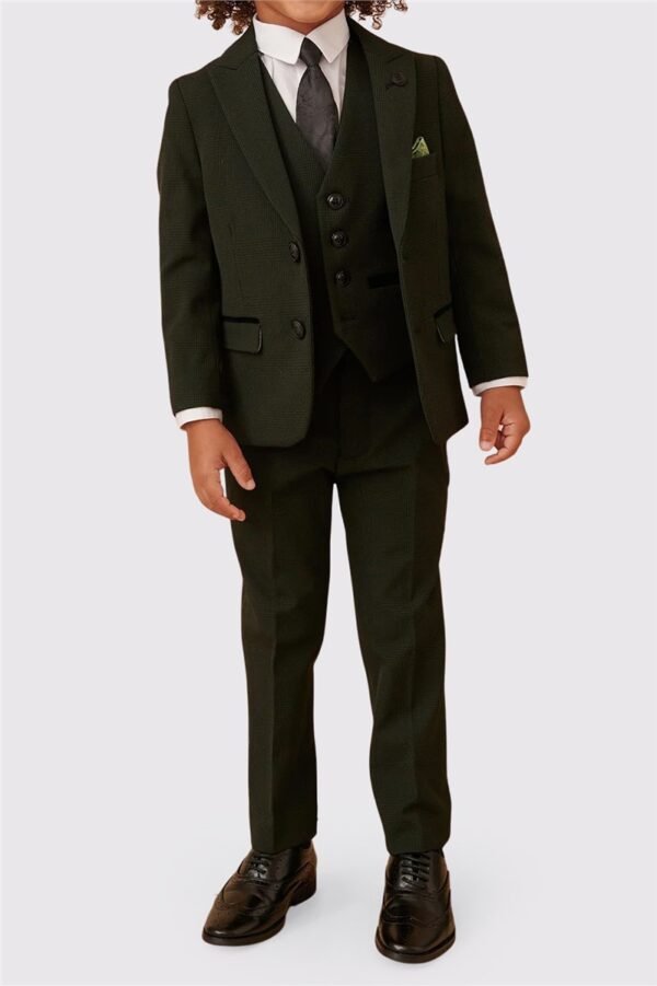 Kid's olive green check three piece suit - Image 2