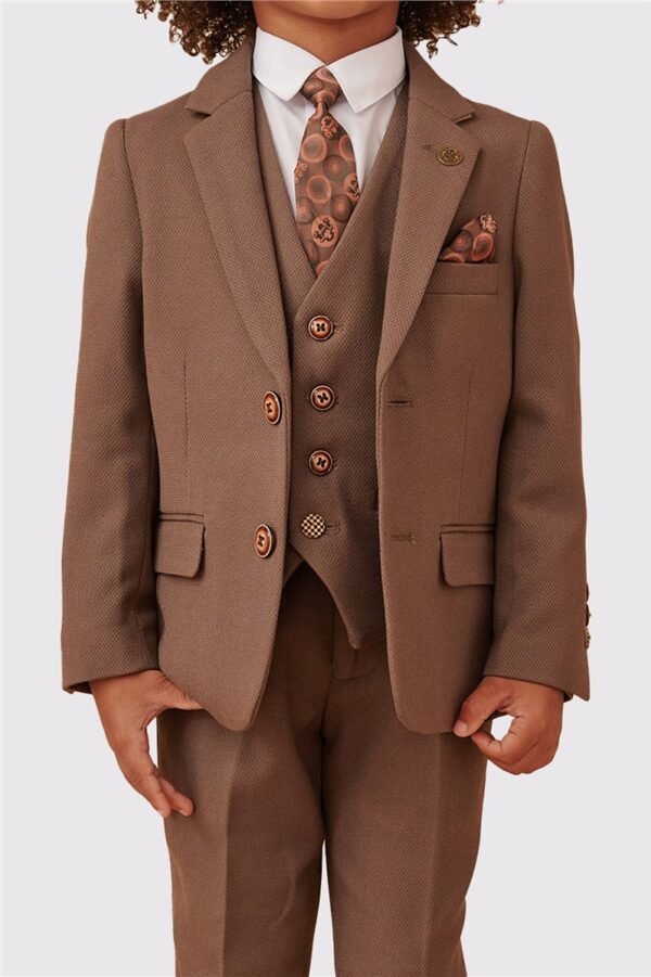 Kid's tan check three piece suit