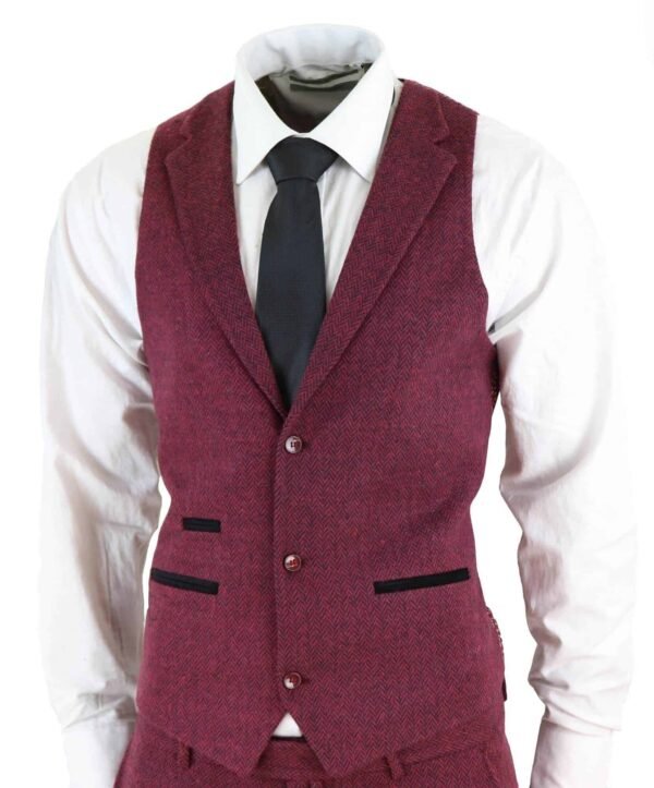 Men’s Tweed Burgundy Herringbone 3 Piece Suit - Image 2
