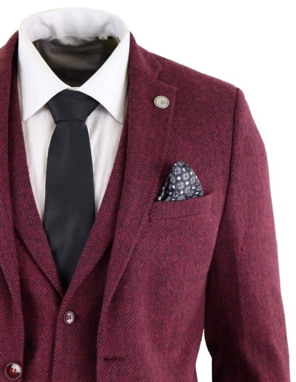 Men’s Tweed Burgundy Herringbone 3 Piece Suit - Image 3