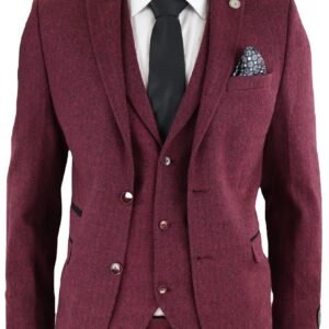 Men’s Tweed Burgundy Herringbone 3 Piece Suit
