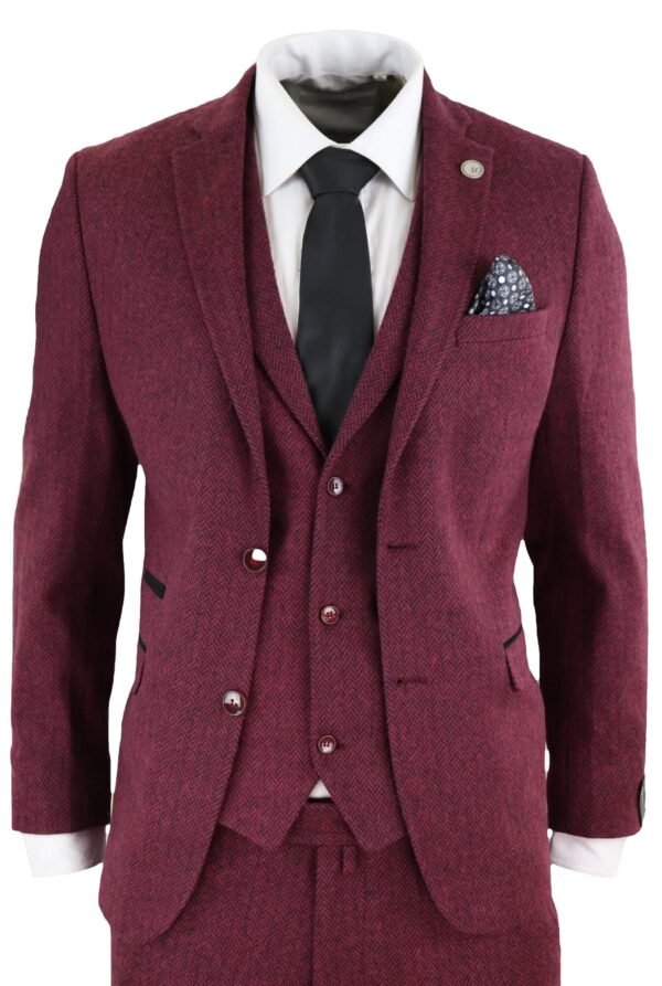 Men’s Tweed Burgundy Herringbone 3 Piece Suit