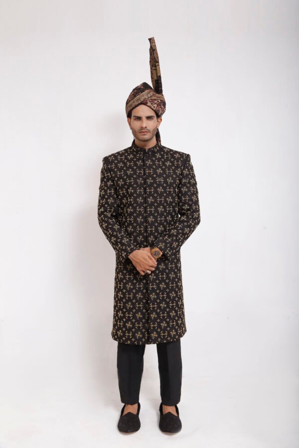 Regal Black & Gold Embroidered Sherwani - Image 2