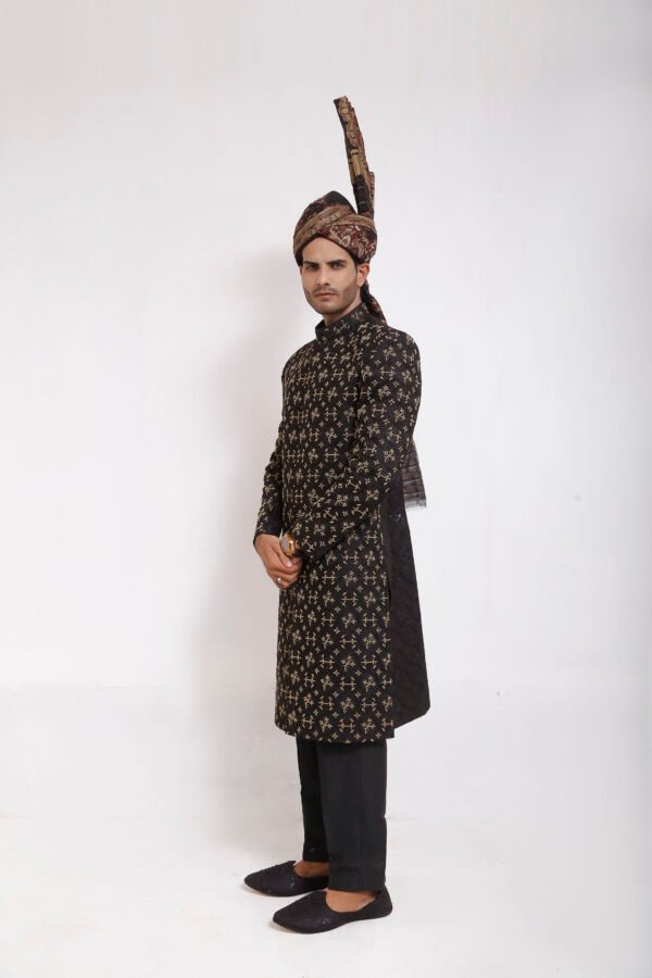 Regal Black & Gold Embroidered Sherwani - Image 3